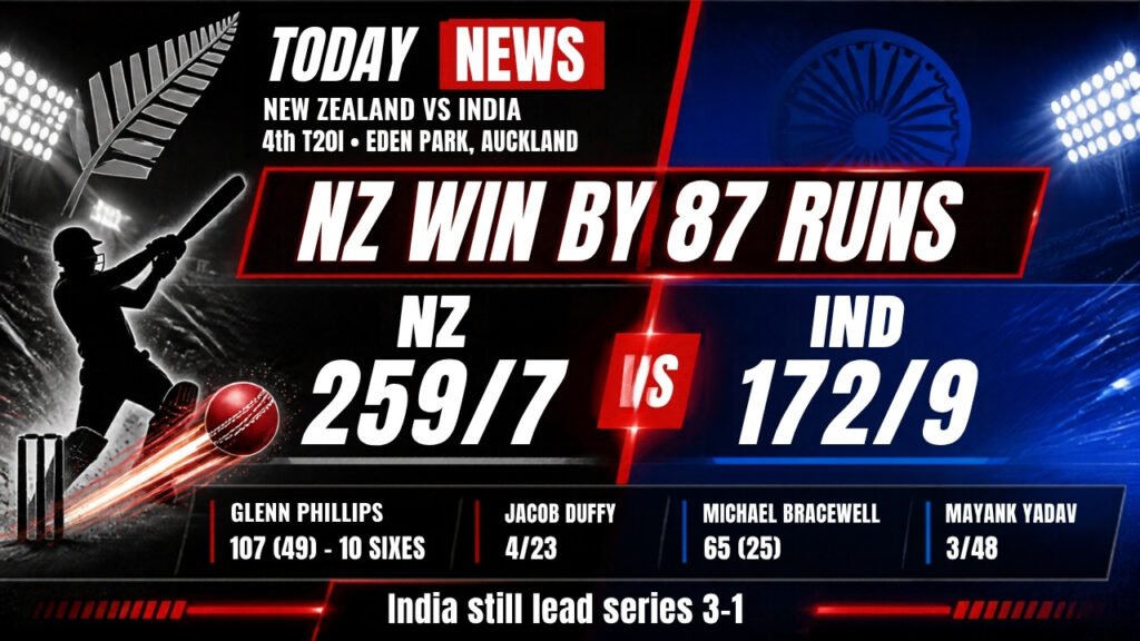 NZ vs IND 4th T20I: New Zealand 259/7 beat India 172/9 by 87 runs, Glenn Phillips 107 off 49, Jacob Duffy 4/23